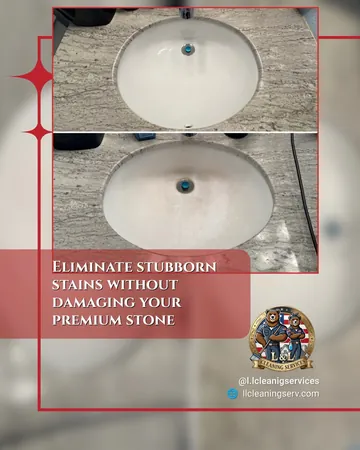 Instagram post by L&L Cleaning: Hard water stains and soap scum buildup on your bathroom sink ruin the room's entire aesthetic and can feel impossible to remove.